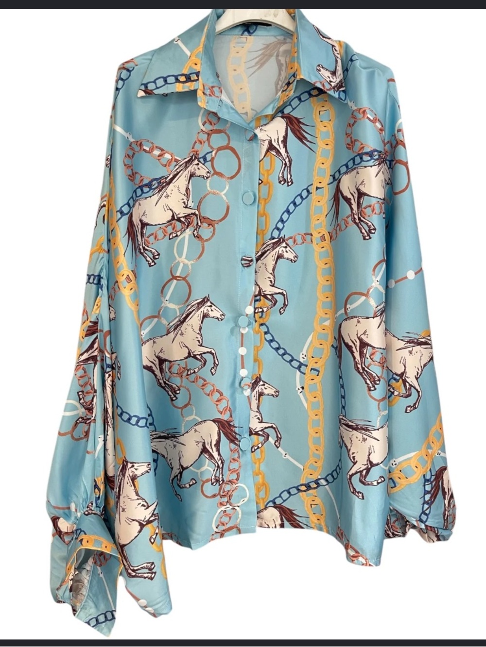Horse Print Silk-Feel Blouse in Light Blue